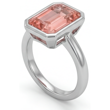Afbeelding in Gallery-weergave laden, Perzikkleurige saffier 2,5 karaat natuurlijke smaragdgeslepen padparadscha Lunette solitairering 14K Witgoud