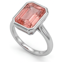 Afbeelding in Gallery-weergave laden, Perzikkleurige saffier 2,5 karaat natuurlijke smaragdgeslepen padparadscha solitairering met lunette van 14k witgoud