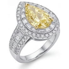 Afbeelding in Gallery-weergave laden, Fancy Gele Diamant Peervormig Halo Ring in 14 Karaat Tweekleurig Goud – bovenaanzicht
