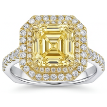 Afbeelding in Gallery-weergave laden, Fancy Gele Diamant Asscher Slijpvorm Halo Zetting Ring in Bicolor 14K Goud – hoofdaanzicht