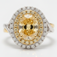Afbeelding in Gallery-weergave laden, Verlovingsring met gele edelsteen 1,01 karaat echte ovale Fancy Intense diamant dubbele halo 18k goud
