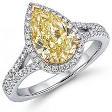 Afbeelding in Gallery-weergave laden, Gele Kanarie Diamant Druppelvormig Halo Verlovingsring in Tweekleurig 14K Goud – vooraanzicht