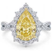 Afbeelding in Gallery-weergave laden, Gele Kanarie Diamant Peervormig Halo Zetting Ring in 14 Karaat Tweekleurig Goud – hoofdaanzicht