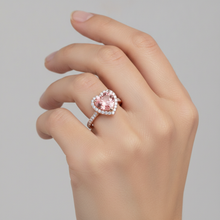 Afbeelding in Gallery-weergave laden, Padparadscha saffier ring 3,8 karaat labgekweekt hart halo gespleten band 14K roségoud