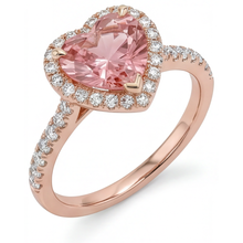 Afbeelding in Gallery-weergave laden, Padparadscha saffier ring 3,8 karaat labgekweekt hart halo gespleten band 14K roségoud