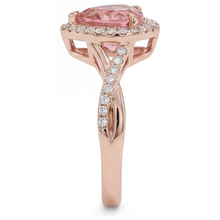 Afbeelding in Gallery-weergave laden, Padparadscha saffier ring 3,8 karaat labgekweekt hartvormige halo twist 14k roségoud