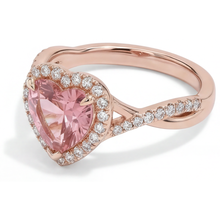 Afbeelding in Gallery-weergave laden, Padparadscha saffier ring 3,8 karaat labgekweekt hartvormige halo twist 14k roségoud