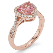 Afbeelding in Gallery-weergave laden, Padparadscha saffier ring 3,8 karaat labgekweekt hartvormige halo twist 14k roségoud