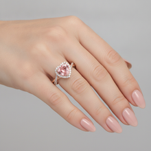 Afbeelding in Gallery-weergave laden, Padparadscha saffier ring 3,8 karaat labgekweekt hartvormige halo twist 14k roségoud