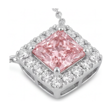 Afbeelding in Gallery-weergave laden, Roze diamanten ketting met 4,5 karaat labgekweekte radiant halo pavé hanger, 14k witgoud