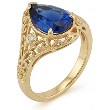 Afbeelding in Gallery-weergave laden, Peervormig Korenbloem Saffier ring in 14K Geelgoud – zijaanzicht