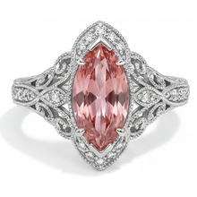 Afbeelding in Gallery-weergave laden, Perzikkleurige saffier verlovingsring 3,8 karaat labgekweekt marquise padparadscha halo 14K witgoud