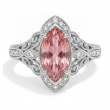 Afbeelding in Gallery-weergave laden, Vintage halo ring van 14k witgoud met 3,8 karaat labgekweekte marquise padparadscha perziksaffier