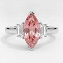 Afbeelding in Gallery-weergave laden, Perzikkleurige saffier 3,1 karaat echte marquise padparadscha en witte baguette driesteenring platina