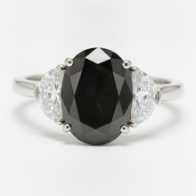 Afbeelding in Gallery-weergave laden, Trouwring met zwarte diamant 4,6 karaat echte ovaal halve maan driesteens 14K witgoud