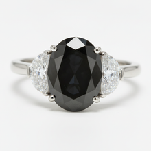 Afbeelding in Gallery-weergave laden, Trouwring met zwarte diamant 4,6 karaat echte ovaal halve maan driesteens 14K witgoud