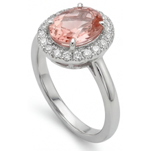 Afbeelding in Gallery-weergave laden, Padparadscha saffier ring 4,3 karaat labgekweekt ovaal Halo 14K witgoud