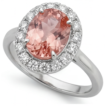 Afbeelding in Gallery-weergave laden, Padparadscha saffier ring 4,3 karaat labgekweekt ovaal Halo 14K witgoud