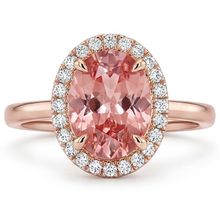Afbeelding in Gallery-weergave laden, Ring met perziksaffier 2,8 karaat natuurlijke ovale padparadscha Halo gladde band 14k Roségoud