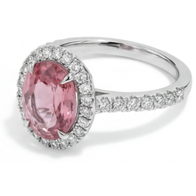 Afbeelding in Gallery-weergave laden, Perzikkleurige saffier verlovingsring 2,8 karaat natuurlijke ovale padparadscha halo 14K witgoud