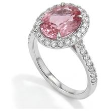 Afbeelding in Gallery-weergave laden, Perzikkleurige saffier verlovingsring 2,8 karaat natuurlijke ovale padparadscha halo 14K witgoud