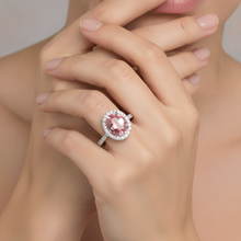 Afbeelding in Gallery-weergave laden, Perzikkleurige saffier verlovingsring 2,8 karaat natuurlijke ovale padparadscha halo 14K witgoud