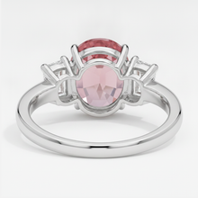 Afbeelding in Gallery-weergave laden, Padparadscha saffier ring 3,6 karaat echte ovaal en witte trapeze driesteens platina