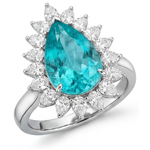 Afbeelding in Gallery-weergave laden, Paraiba Toermalijn Druppelvormig Halo Verlovingsring in 14K Witgoud – hoekaanzicht