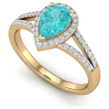 Afbeelding in Gallery-weergave laden, Paraiba Toermalijn Peervormig Halo Zetting Ring in Bicolor 14K Goud – hoekaanzicht