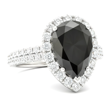 Afbeelding in Gallery-weergave laden, Zwarte diamanten ring 6 karaat natuurlijke peervorm halo 14k witgoud