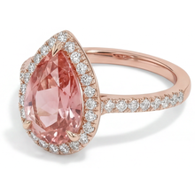Afbeelding in Gallery-weergave laden, Perziksaffier ring 2,8 karaat echte peervormige padparadscha halo pavé 14k roségoud