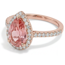 Afbeelding in Gallery-weergave laden, Verlovingsring met perzikkleurige saffier 2,8 karaat echte peervormige padparadscha halo pavé 14K roségoud