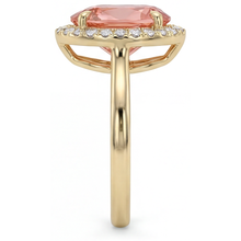 Afbeelding in Gallery-weergave laden, Ring met 2,8 karaat natuurlijke peervormige roze padparadscha saffier, halo en gladde band in 14k geelgoud