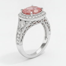 Afbeelding in Gallery-weergave laden, Padparadscha Saffier Ring 3,1 Karaat Echte Peervorm Halo Vintage 14k Witgoud