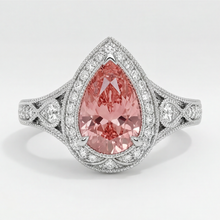 Afbeelding in Gallery-weergave laden, Padparadscha Saffier Ring 3,1 Karaat Echte Peervorm Halo Vintage 14k Witgoud