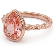 Afbeelding in Gallery-weergave laden, Perzikkleurige saffier 2,5 karaat natuurlijke peervormige Padparadscha solitairering met lunette in 14k roségoud