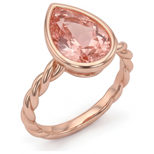 Afbeelding in Gallery-weergave laden, Perzikkleurige saffier 2,5 karaat natuurlijke peervormige Padparadscha solitairering met lunette in 14k roségoud