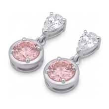 Afbeelding in Gallery-weergave laden, Hangoorbellen met roze diamant 3 karaat labgekweekt ronde lunette peervormige toppen 14k witgoud
