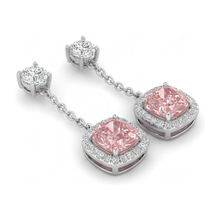 Afbeelding in Gallery-weergave laden, Roze diamanten oorhangers 3 karaat labgekweekt kussenvorm halo 14k witgoud