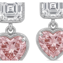 Afbeelding in Gallery-weergave laden, Roze diamanten oorhangers 4,5 karaat labgekweekt hartvorm milgrain Asscher-bovenzijde 14k witgoud