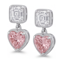 Afbeelding in Gallery-weergave laden, Roze diamanten oorhangers 4,5 karaat labgekweekt hartvorm milgrain Asscher-bovenzijde 14k witgoud