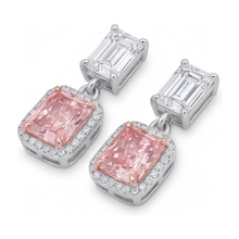 Afbeelding in Gallery-weergave laden, Oorhangers met roze diamant, 5 karaat labgekweekt, radiant halo, smaragdslijpsel bovenzijde, 14k witgoud