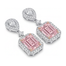 Afbeelding in Gallery-weergave laden, Roze diamanten oorhangers 5 karaat labgekweekt smaragdslijpsel halo 14K witgoud