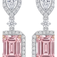 Afbeelding in Gallery-weergave laden, Roze diamanten oorhangers 5 karaat labgekweekt smaragdslijpsel halo 14K witgoud