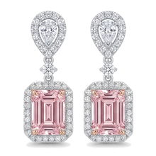 Afbeelding in Gallery-weergave laden, Roze diamanten oorhangers 5 karaat labgekweekt smaragdslijpsel halo 14K witgoud
