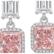 Afbeelding in Gallery-weergave laden, Oorhangers met roze diamant, 5 karaat labgekweekt, radiant halo, smaragdslijpsel bovenzijde, 14k witgoud