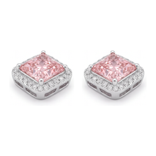 Afbeelding in Gallery-weergave laden, Roze diamanten oorknopjes 3,5 karaat labgekweekt radiant halo 14k witgoud