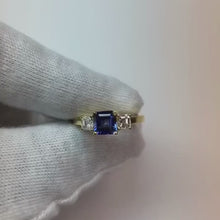 Video laden en afspelen in Gallery-weergave, Dames Asscher diamanten ring Ceylon saffier 3 stenen sieraden 2 karaat