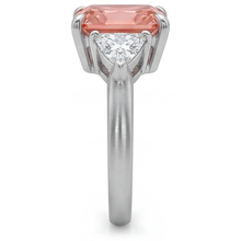 Afbeelding in Gallery-weergave laden, Driesteens ring met echte padparadschasaffier van 2,9 karaat, radiant- en witte trilliantgeslepen, 14-karaats goud