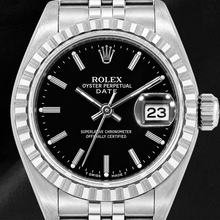 Afbeelding in Gallery-weergave laden, Rolex Date 6924 26mm Horloge met Zwarte Wijzerplaat met Streepindexen, Roestvrij Staal en Jubilee-armband